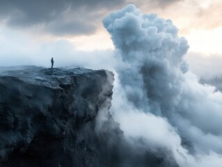 Obraz premium Powerful volcanic eruption sends thick clouds of smoke and steam into the sky at dawn with a lone figure observing from a cliff