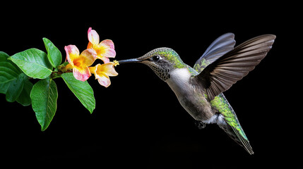 Fototapeta premium Vibrant hummingbird hovering near colorful flower, showcasing its iridescent feathers and delicate wings. scene captures beauty of nature
