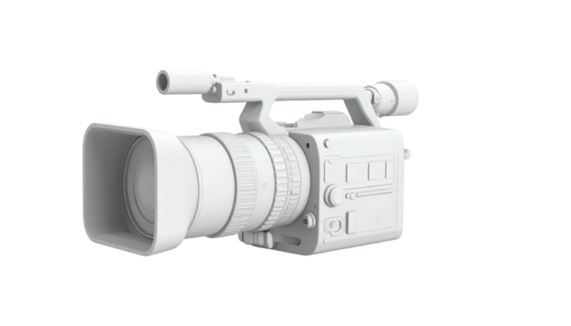 White studio camera, isolated on black, featuring a lens, grip, and viewfinder