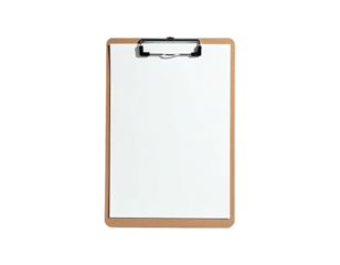 A vertical wooden clipboard with a white sheet of paper clipped to the top