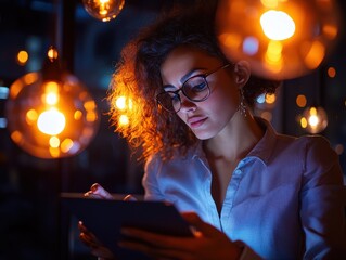 Young woman using tablet in cozy cafe at night with warm lighting