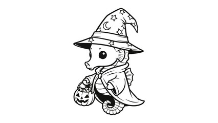 Halloween Seahorse illustration: A charming seahorse embodies the spirit of Halloween, donning a whimsical witch's hat and cape while holding a jack-o'-lantern bucket for trick-or-treating.