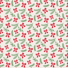 Christmas seamless pattern with red bows and green fir branches. Festive decoration for fabric and wrapping paper. New Year's festive background.