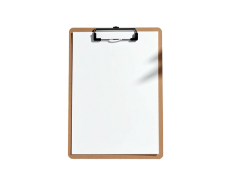 A vertical clipboard with blank white paper and a dark, solid background