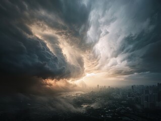 Dark, dramatic storm clouds gather over a city skyline at sunset, creating a striking contrast against the fading light