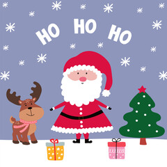 A cute and funny Santa Claus, reindeer, and Christmas tree with gifts against a snowflake background. Winter landscape for a greeting card, banner, or poster.