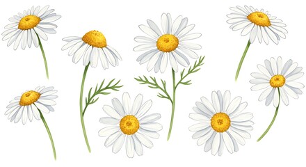 Watercolor daisies illustration collection isolated on white background for design