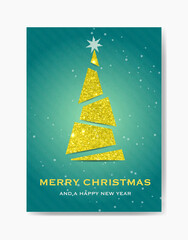 A festive card with a stylized golden sparkly glitter Christmas tree and a star on top on a green background, featuring the text 'Merry Christmas and a Happy New Year.'