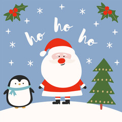 Illustration of Santa Claus, a penguin, and a Christmas tree with the inscription Ho-ho-ho, suitable for a winter holiday greeting card or holiday decoration.