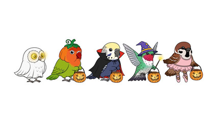 Halloween Birds: A whimsical and colorful array of birds, each adorned in creative and festive Halloween costumes, stand in line, each holding a Jack O'Lantern.