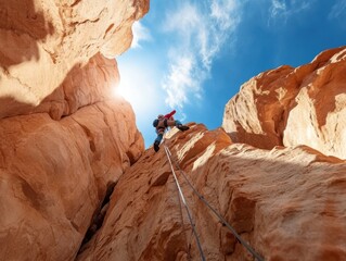 Climber ascending a sandstone rock face under bright blue sky and sunlight in a desert landscape