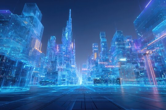 Futuristic cityscape rendered in blue and gold hues under a twilight sky