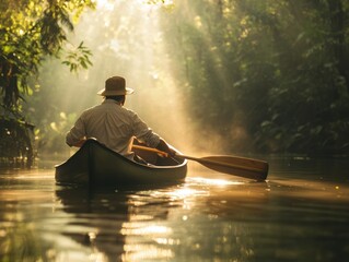 Paddling through serene jungle waters at dawn with golden sunlight filtering through lush trees