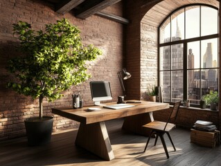 Modern workspace with a view of the skyline in a cozy brick-walled office