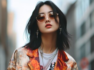 Stylish young woman poses confidently on a busy urban street, showcasing fashion sense and modern accessories during daytime