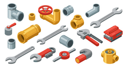 Isometric plumbing and tool set with wrenches and pipes in 3d style