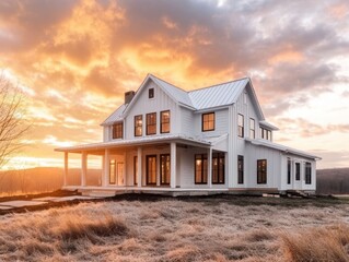 New white farmhouse surrounded by golden sunset and fields in a serene landscape