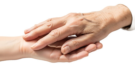 Close-up of an elderly hand gently holding a younger hand, symbolizing care, support, and intergenerational connection against a black background.