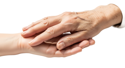 Close-up of an elderly hand gently holding a younger hand, symbolizing care, support, and intergenerational connection against a black background.