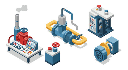 Industrial machinery isometric design with control panels and pipes