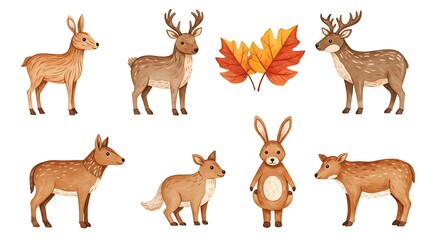 Obraz premium Watercolor deer illustration collection with autumn leaves isolated