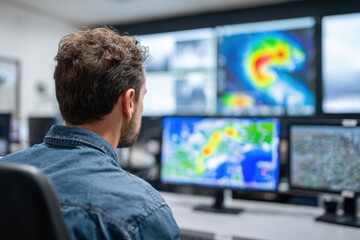 A man with curly hair from behind, intently viewing multiple large screens displaying complex data visualizations and weather maps.