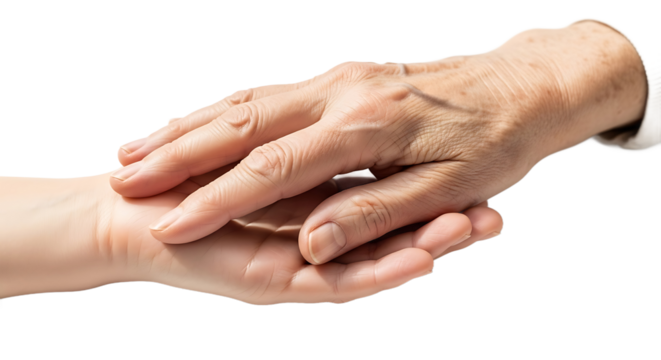 Close-up of an elderly hand gently holding a younger hand, symbolizing care, support, and intergenerational connection against a black background.