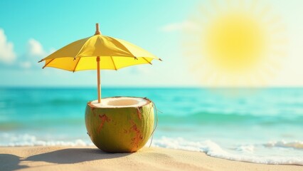 Tropical beach concept made of coconut fruit and sun umbrella. Creative minimal summer idea.