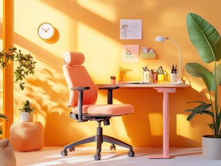 Bright and modern home office with sunlight streaming through large windows in a cozy environment