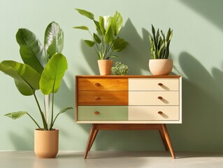 Stylish mid-century modern dresser with plants in a bright green room during daytime
