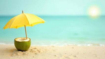 Tropical beach concept made of coconut fruit and sun umbrella. Creative minimal summer idea.