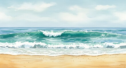 Watercolor depiction of ocean waves meeting sandy beach under cloudy sky