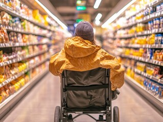 Wheelchair user navigating grocery store aisle filled with various products during daytime