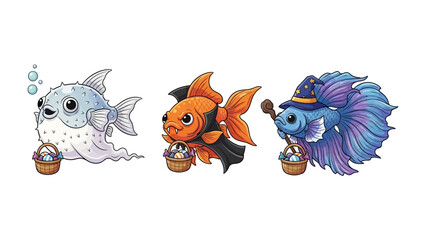 Fantastic Fish Friends: A captivating image of three unique cartoon fish, each exuding charm with their distinct personalities, playfully holding easter baskets.