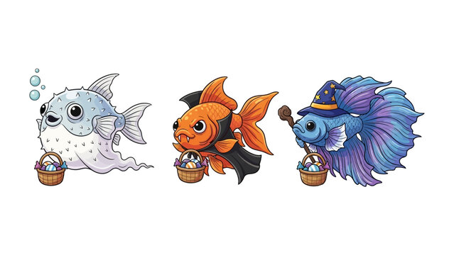 Fantastic Fish Friends: A captivating image of three unique cartoon fish, each exuding charm with their distinct personalities, playfully holding easter baskets.