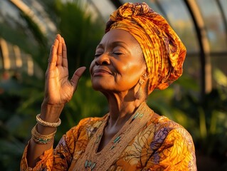 Elderly woman enjoying peaceful moment in a lush greenhouse, wearing vibrant headwrap and colorful dress at sunset