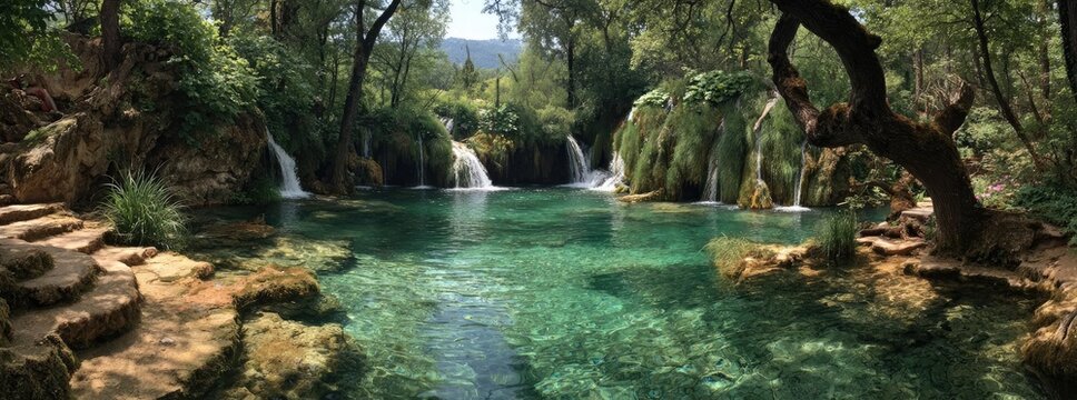 Crystal-clear waterfall pool nestled in lush forest