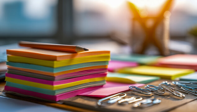 Colorful stack of sticky notes and office supplies on a desk with soft natural light