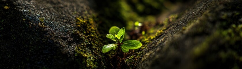 Close-up of a small green plant sprouting from mossy dark soil with a shallow depth of field showing detailed texture and vibrant natural growth
