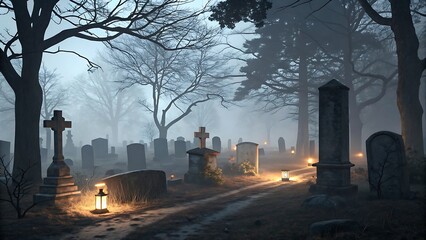 Eerie victorian cemetery at twilight with fog illuminated by flickering lanterns and casting long shadows on weathered tombstones and ancient trees