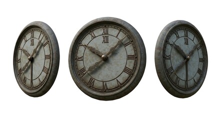 Three weathered antique clocks isolated on white background time concept