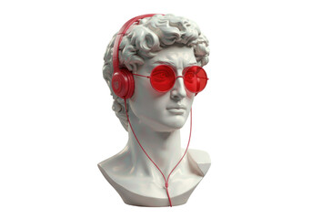 Isolated statue of David with red sunglasses and headphones, modern art and classic design