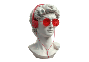 Isolated statue of David with red sunglasses and headphones, modern art and classic design
