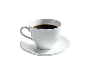 A white coffee cup and saucer filled with dark liquid, set against black