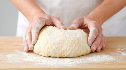 Kneading dough with hands on wooden surface, flour scattered around, creating rustic baking atmosphere