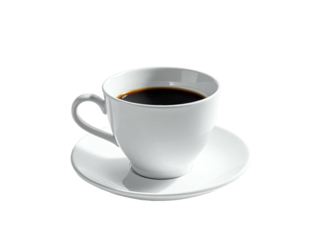 A white coffee cup and saucer filled with dark liquid, set against black