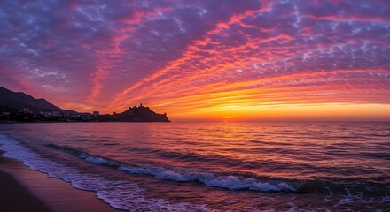 Vibrant sunset over calm ocean with striking sky and shoreline
