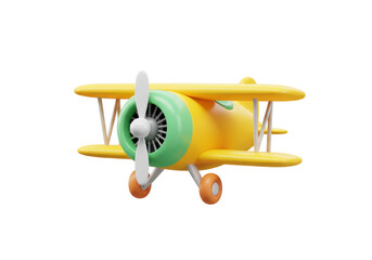 Isolated Yellow Biplane Flying Low with Spinning Propeller a Kids Toy Airplane Model