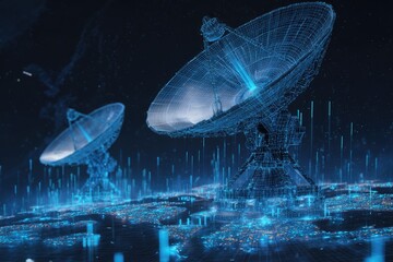 Digital rendering showcasing two satellite dishes beaming signals toward a planet at night