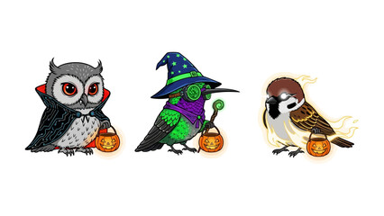 Spooky Bird Squad: A trio of enchanting bird characters is dressed in adorable Halloween costumes, ready for a night of trick-or-treating, each holding a glowing jack-o'-lantern